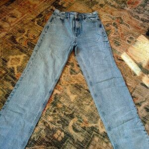 High-rise straight leg pacing jeans with adjustable waist button